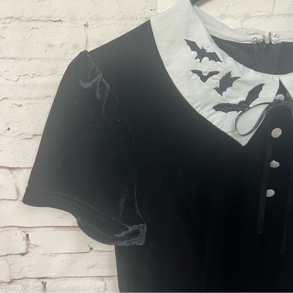 Hell Bunny Graveyard Bats Wednesday Addams Collar Black Velvet Dress Goth Small - Picture 7 of 10